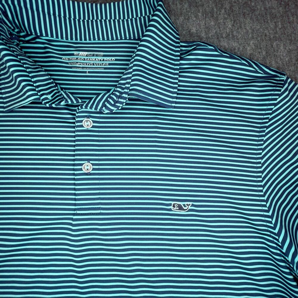 Vineyard Vines Large Golf Polo Sankaty Stripe Navy Teal Performance Stretch - Picture 5 of 13